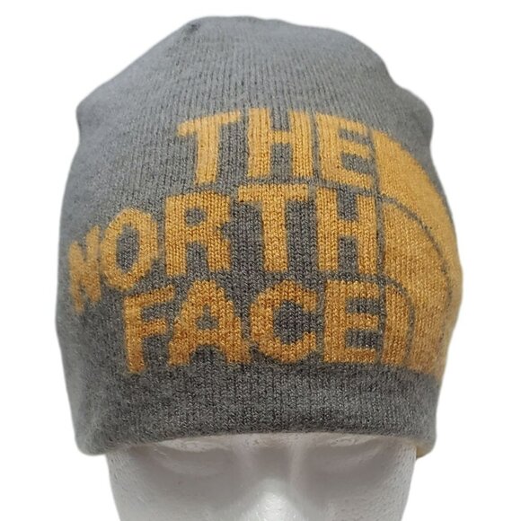The North Face Beanie Hat Wool Blend Orange Grey Knit Logo Spell Out Winter Cap - Picture 2 of 9